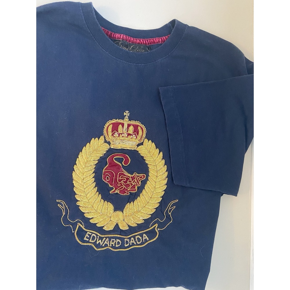 VTG 90s T Shirt Edward Dada Couture Gold Beaded Raised Emblem Crown Unique SZ LG